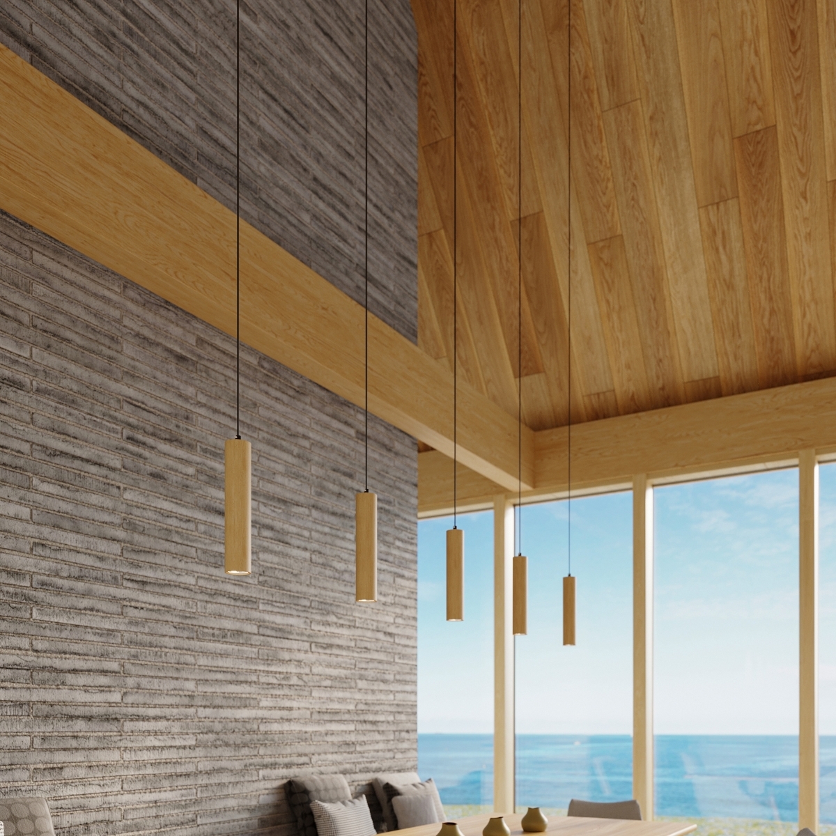 Lámpara colgante LINO 3 de madera instalada Lámpara colgante LINO 3 de madera instalada