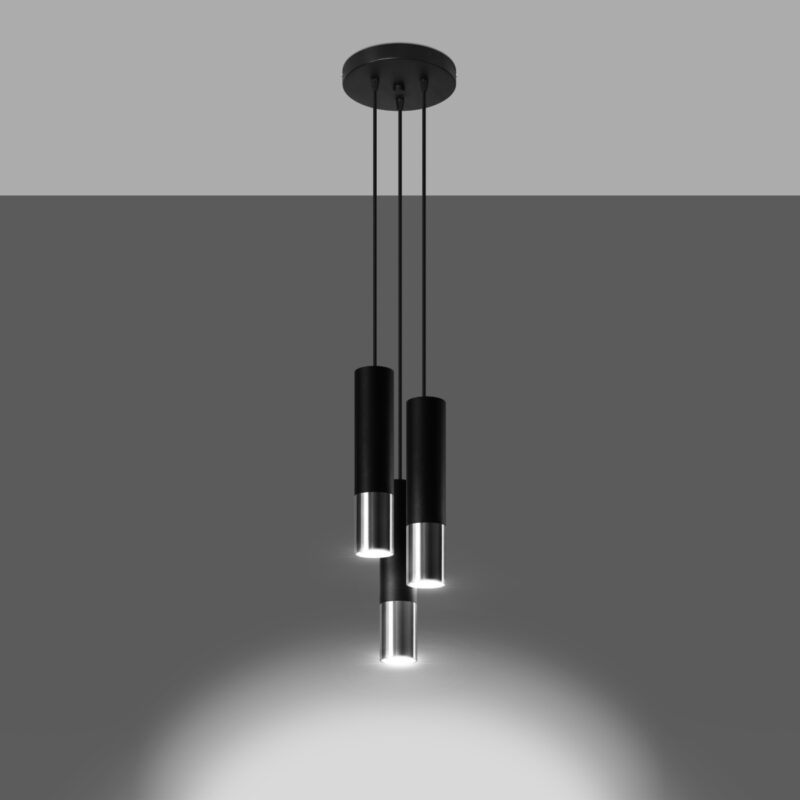 Lámpara colgante LOOPEZ 3P negro/cromo encendida