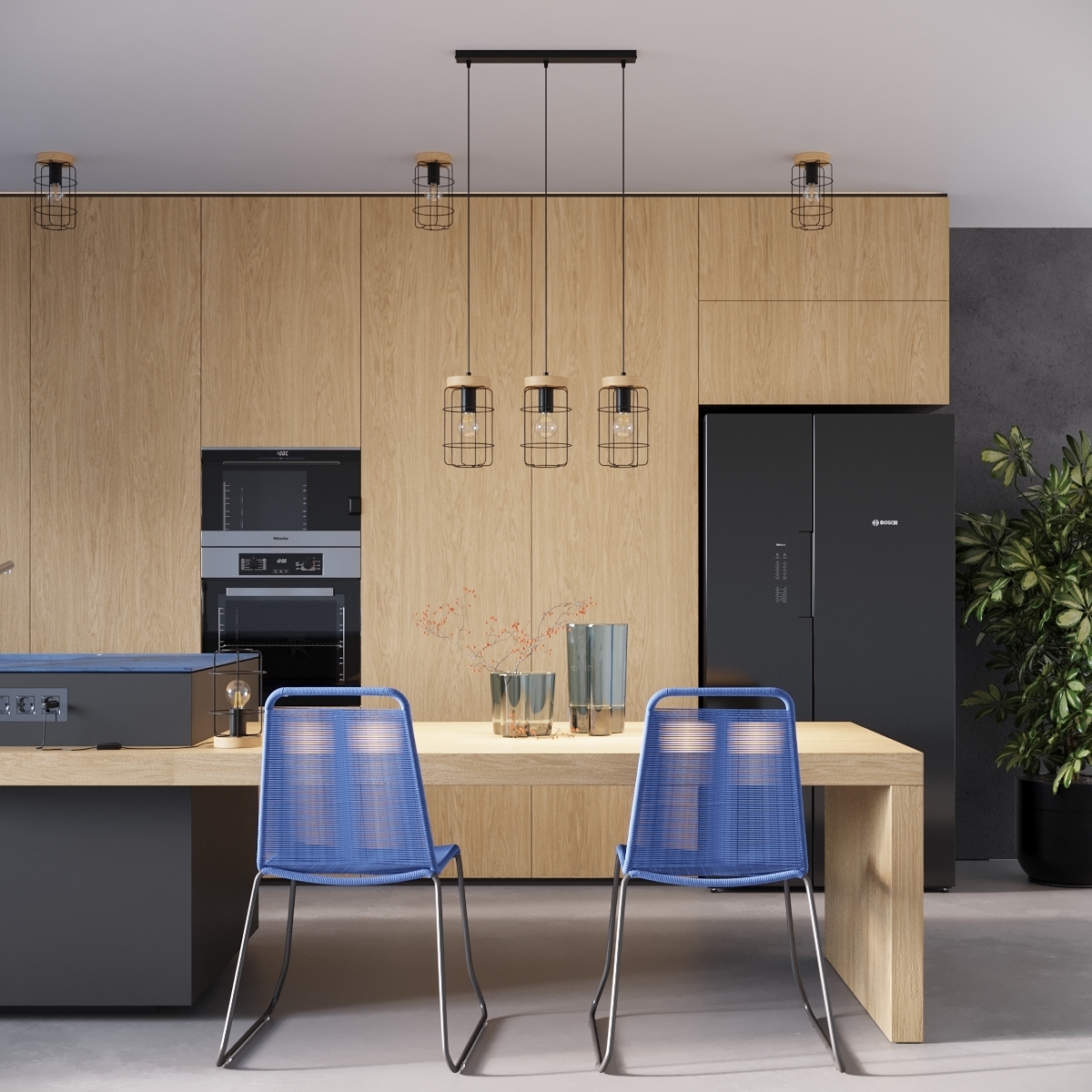 cocina con lamparas de madera y metal minimalistas cocina con lamparas de madera y metal minimalistas