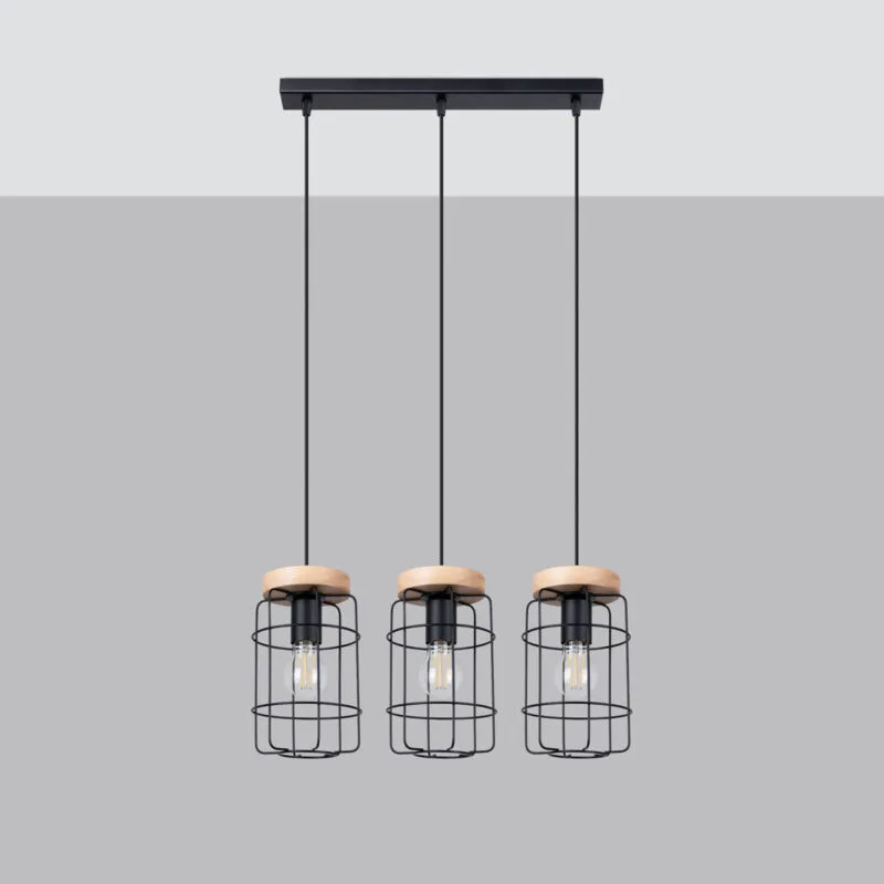 3 lamparas colgantes en linea de madera y metal negro