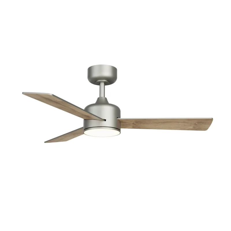 ventilador gris dc con aspas marrones y luz