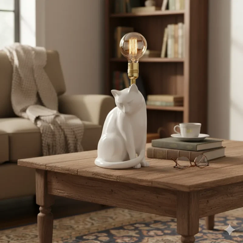 lampara de mesa baja original con forma de gato